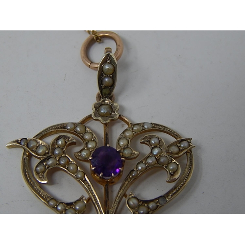 182 - Edwardian Amethyst & Seed Pearl Pendant on 9ct Gold Chain.