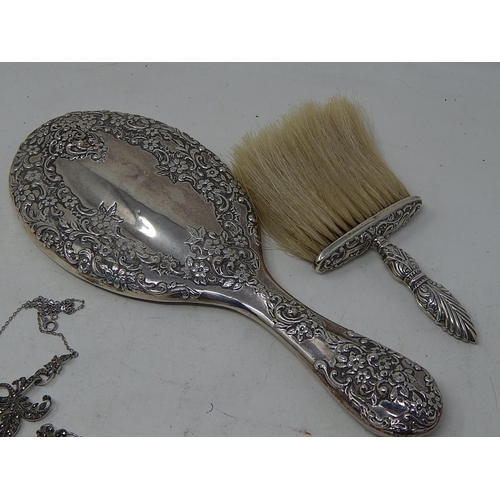 186 - Edwardian Silver Hand Mirror, Silver Brush, 2 x Georgian Silver Mustard Spoons, Silver & Marcasite P... 