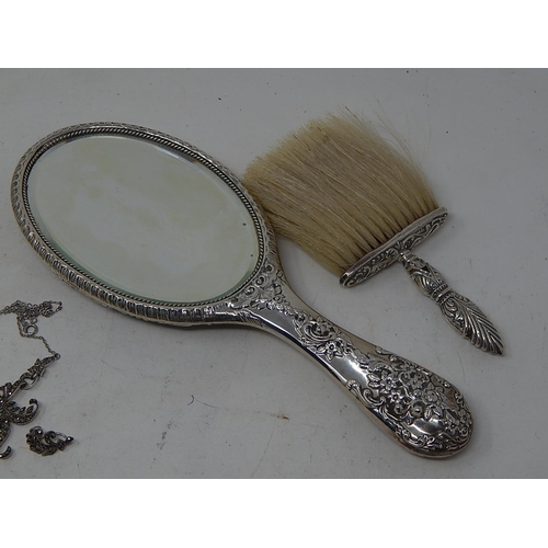 186 - Edwardian Silver Hand Mirror, Silver Brush, 2 x Georgian Silver Mustard Spoons, Silver & Marcasite P... 