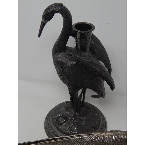 187 - Victorian Silver Plated Cast Candlestick formed as a stork by T.W & S together with a pair of large ... 