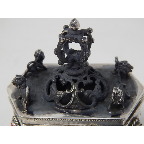 288 - Silver Pot Pouri Box Inset with Cabochons Sitting on Six Feet: The Pierced Top Mounted with Four Lio... 