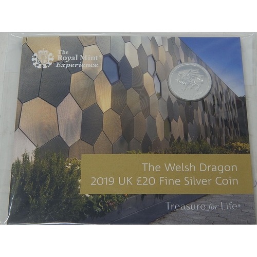 55 - The Welsh Dragon 2019 UK Fine Silver £20; Sir Winston Churchill 2015 UK Fine Silver £20; The 90th Bi... 