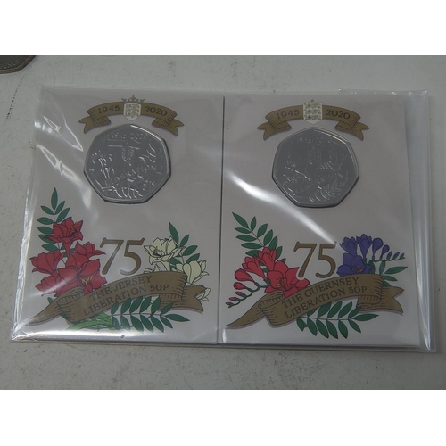 77 - Isle of Man Rupert Bear 50p in blister pack; Jersey/Guernsey 75th Anniversary of Liberation 50p pair... 