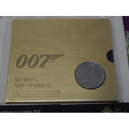 79 - Pay Attention 007 £5 coin; Shaken not Stirred £5 coin; 2009 Countdown to Olympic £5 coin; British Re... 