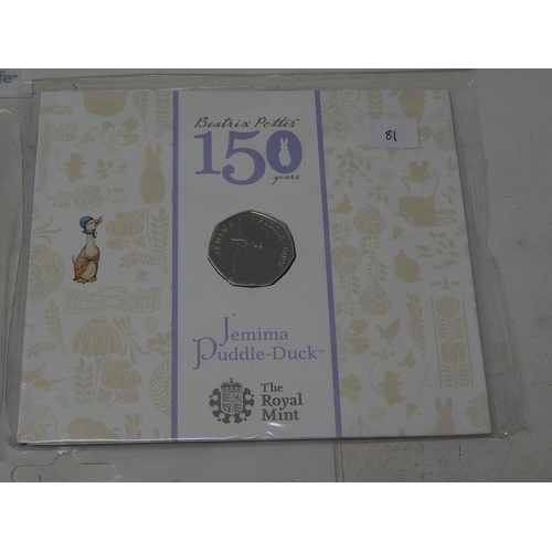 81 - Collection of 8 x Commemorative 50p coins inc Beatrix Potter, Wallice and Gromit etc, all housed in ... 