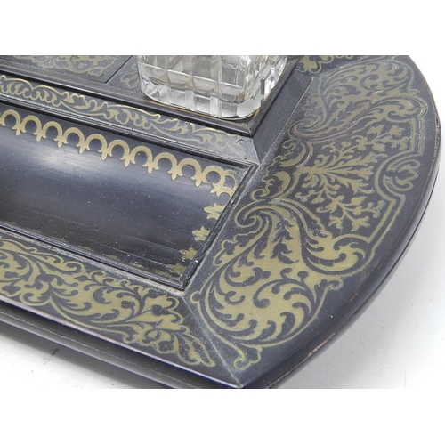 143 - C19th Brass Inlaid Twin Inkwell Stand c.1850 with Cut Glass Inkwells sitting on four bun feet: Measu... 