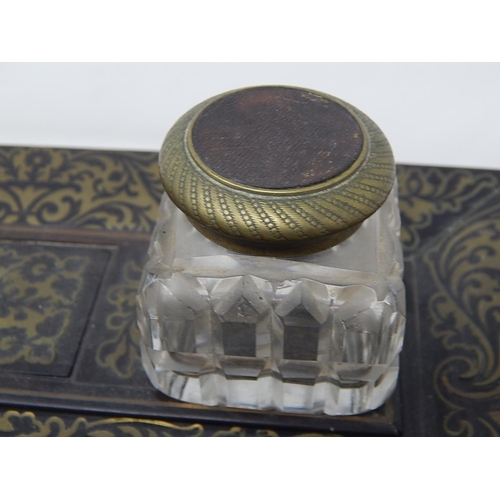 143 - C19th Brass Inlaid Twin Inkwell Stand c.1850 with Cut Glass Inkwells sitting on four bun feet: Measu... 