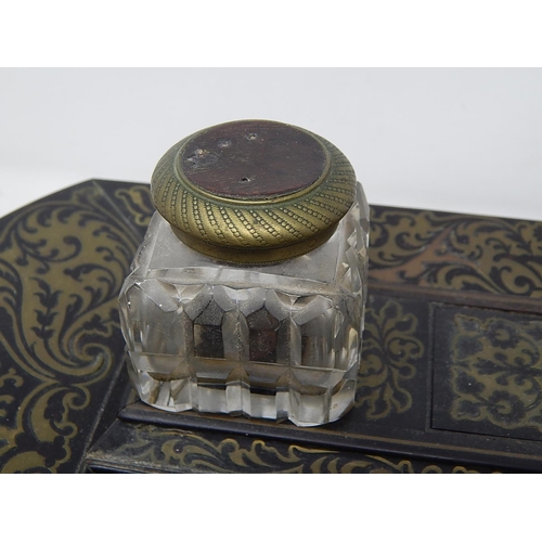 143 - C19th Brass Inlaid Twin Inkwell Stand c.1850 with Cut Glass Inkwells sitting on four bun feet: Measu... 