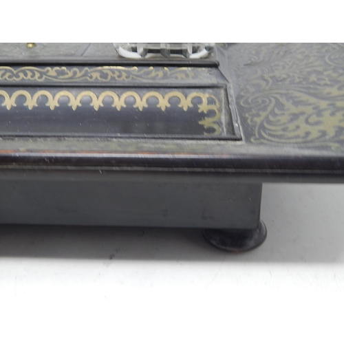 143 - C19th Brass Inlaid Twin Inkwell Stand c.1850 with Cut Glass Inkwells sitting on four bun feet: Measu... 