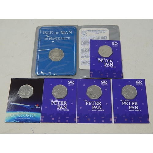 151 - Isle of Man Peter Pan 50p 2019 carded; Isle of Man Peter Pan 50p 2020 Carded(3); Guernsey Concorde 5... 