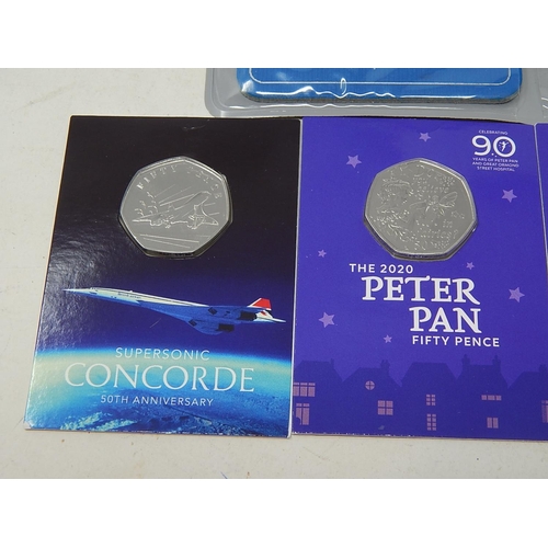 151 - Isle of Man Peter Pan 50p 2019 carded; Isle of Man Peter Pan 50p 2020 Carded(3); Guernsey Concorde 5... 