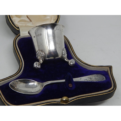 163 - Antique Silver Egg Cup and spoon in fitted Hallmarked Sheffield 1921 by Goldsmiths and Silversmiths ... 