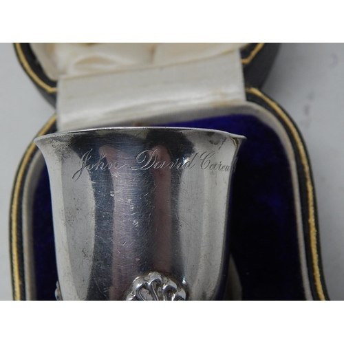 163 - Antique Silver Egg Cup and spoon in fitted Hallmarked Sheffield 1921 by Goldsmiths and Silversmiths ... 