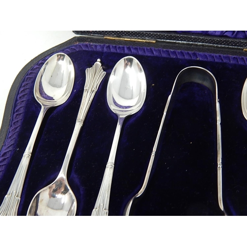 166 - Set of Six Victorian Silver Teaspoons and Tongs Hallmarked London 1894 by Thomas Bradbury in origina... 