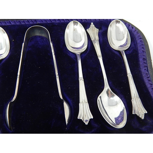 166 - Set of Six Victorian Silver Teaspoons and Tongs Hallmarked London 1894 by Thomas Bradbury in origina... 