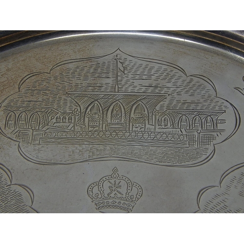 174 - WWII Indian Silver Salver with Pictorial Engraved Scenes & Coat of Arms: weight 1480g (47.58oz)