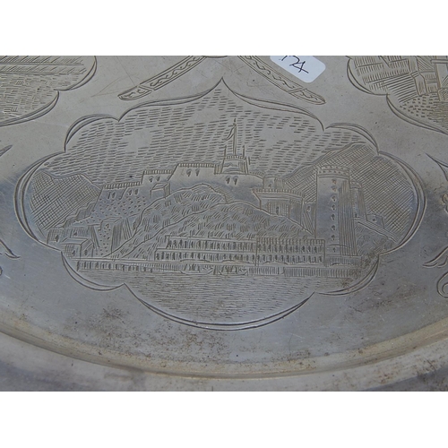 174 - WWII Indian Silver Salver with Pictorial Engraved Scenes & Coat of Arms: weight 1480g (47.58oz)