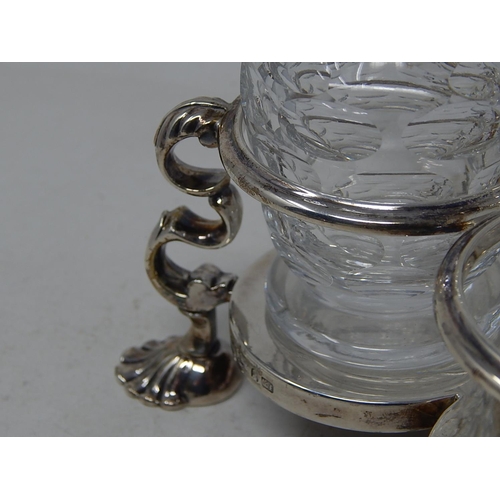 235 - George IV Silver Wood Based Cruet Stand with Two Cut Glass Bottles Sitting on Four Cast Shell Feet: ... 