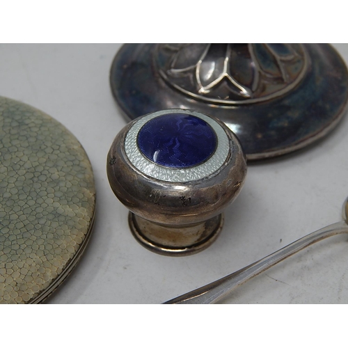 240 - Silver Hallmarked Spoons, Two Bottle Tops & a Shagreen Compact.