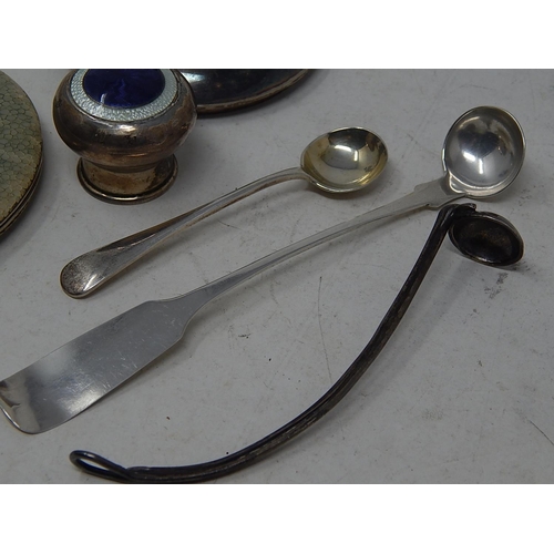 240 - Silver Hallmarked Spoons, Two Bottle Tops & a Shagreen Compact.