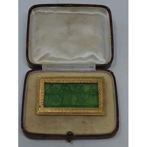 242 - C19th Yellow Metal Framed Rock Crystal Brooch Carved with Classical Ladies: Measures 6cm x 3.5cm