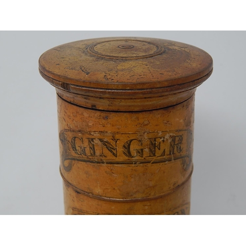 338 - C19th Fruitwood Four Tier Spice Tower Labelled: Ginger, Cinnamon, Cloves, Nutmegs: Measures 20cm hig... 