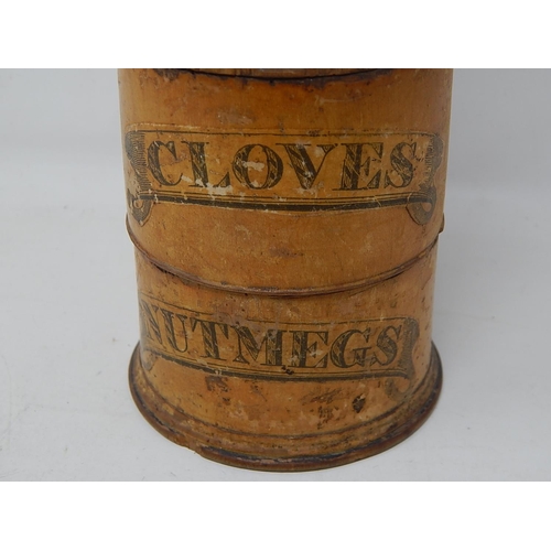 338 - C19th Fruitwood Four Tier Spice Tower Labelled: Ginger, Cinnamon, Cloves, Nutmegs: Measures 20cm hig... 