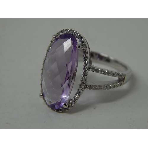 248 - 9ct White Gold Ring Set with a Central Amethyst within a Diamond Border & Diamond Shoulders: Ring Si... 