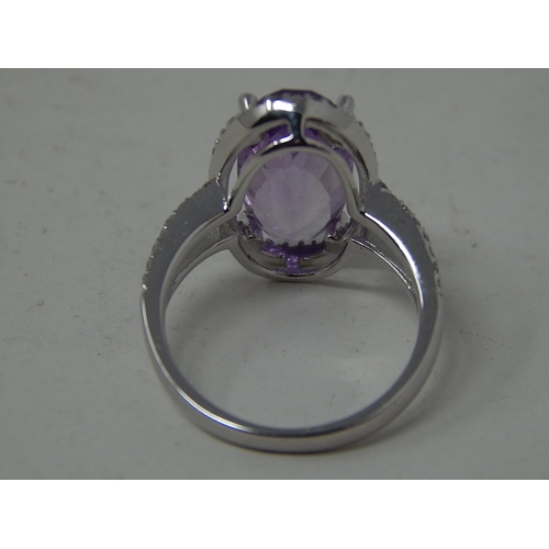 248 - 9ct White Gold Ring Set with a Central Amethyst within a Diamond Border & Diamond Shoulders: Ring Si... 