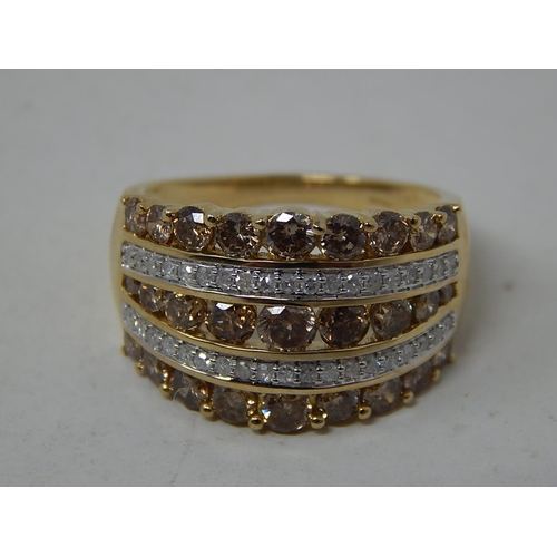 253 - 9ct Yellow Gold Ring Set with Three Bands of Champagne Coloured Diamonds & Two Bands of White Diamon... 