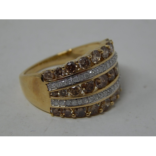 253 - 9ct Yellow Gold Ring Set with Three Bands of Champagne Coloured Diamonds & Two Bands of White Diamon... 