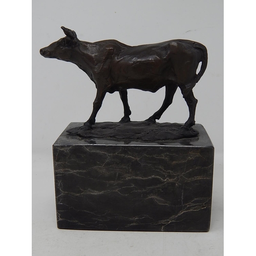 339 - Bronze Figure of a Cow on a Marble Base: Signed to base: Measures 15cm high x 12cm wide x 7cm deep: ... 