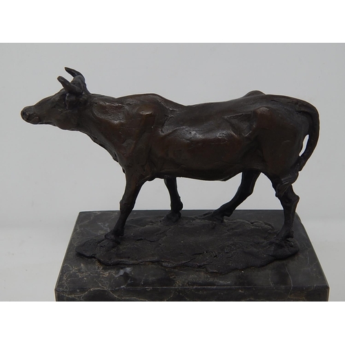 339 - Bronze Figure of a Cow on a Marble Base: Signed to base: Measures 15cm high x 12cm wide x 7cm deep: ... 