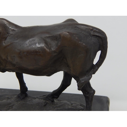 339 - Bronze Figure of a Cow on a Marble Base: Signed to base: Measures 15cm high x 12cm wide x 7cm deep: ... 