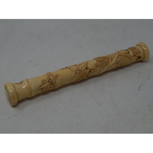 344 - Chinese Carved Bone Tubular Opening Case, Decorated with Crickets & Cockroaches: Measures 20cm