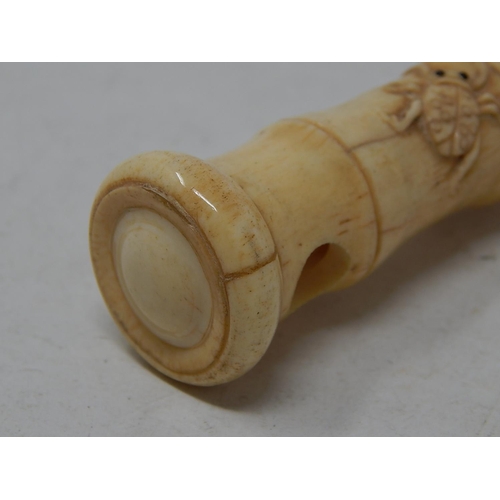 344 - Chinese Carved Bone Tubular Opening Case, Decorated with Crickets & Cockroaches: Measures 20cm