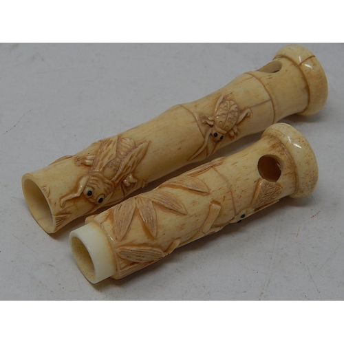 344 - Chinese Carved Bone Tubular Opening Case, Decorated with Crickets & Cockroaches: Measures 20cm