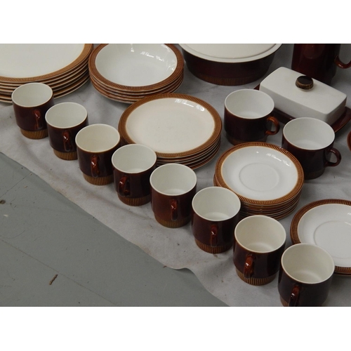 362 - Poole Pottery Chestnut Brown Dinner Service comprising plates. side plates, vegetable dishes, jugs, ... 