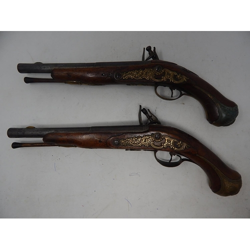 371 - A Fine Pair of C19th Continental Flintlock Pistols with Walnut Stocks & Brass Furnishings: Each Meas... 