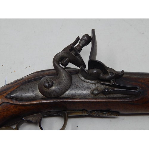 371 - A Fine Pair of C19th Continental Flintlock Pistols with Walnut Stocks & Brass Furnishings: Each Meas... 