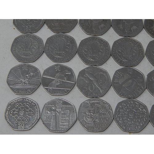 154J - Collection of 50 Pence Pieces (46) together with Five Pound Coins & a Two Pound Coin.