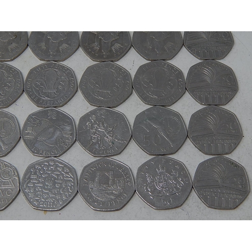 154J - Collection of 50 Pence Pieces (46) together with Five Pound Coins & a Two Pound Coin.