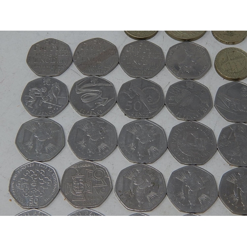 154J - Collection of 50 Pence Pieces (46) together with Five Pound Coins & a Two Pound Coin.