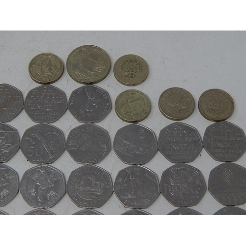 154J - Collection of 50 Pence Pieces (46) together with Five Pound Coins & a Two Pound Coin.