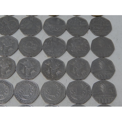 154J - Collection of 50 Pence Pieces (46) together with Five Pound Coins & a Two Pound Coin.