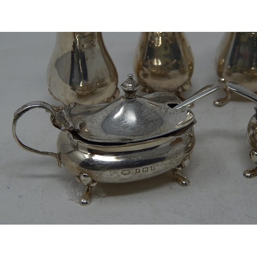 273 - Six Piece Silver Cruet Set Comprising Two Mustard Pots with Blue Glass Liners & Original Silver Spoo... 