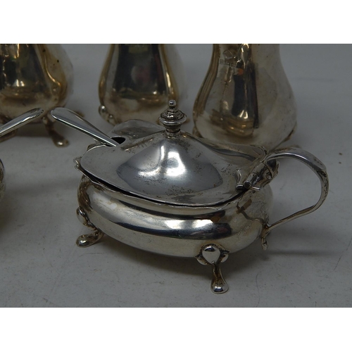 273 - Six Piece Silver Cruet Set Comprising Two Mustard Pots with Blue Glass Liners & Original Silver Spoo... 