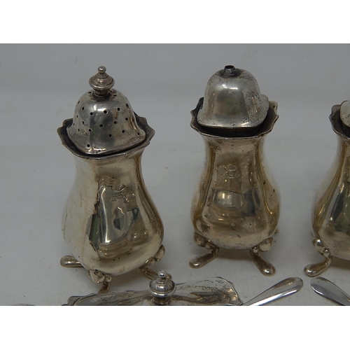 273 - Six Piece Silver Cruet Set Comprising Two Mustard Pots with Blue Glass Liners & Original Silver Spoo... 