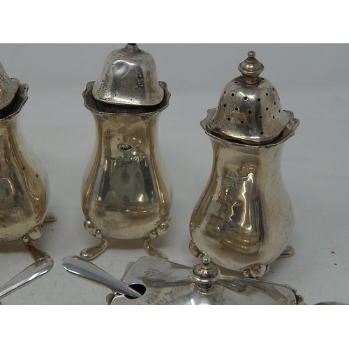 273 - Six Piece Silver Cruet Set Comprising Two Mustard Pots with Blue Glass Liners & Original Silver Spoo... 