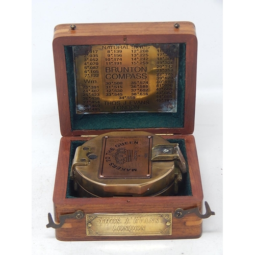 375 - Brunton Brass Compass: Thos J Evans, London in Fitted Inlaid Wooden Case with Brass Plates.